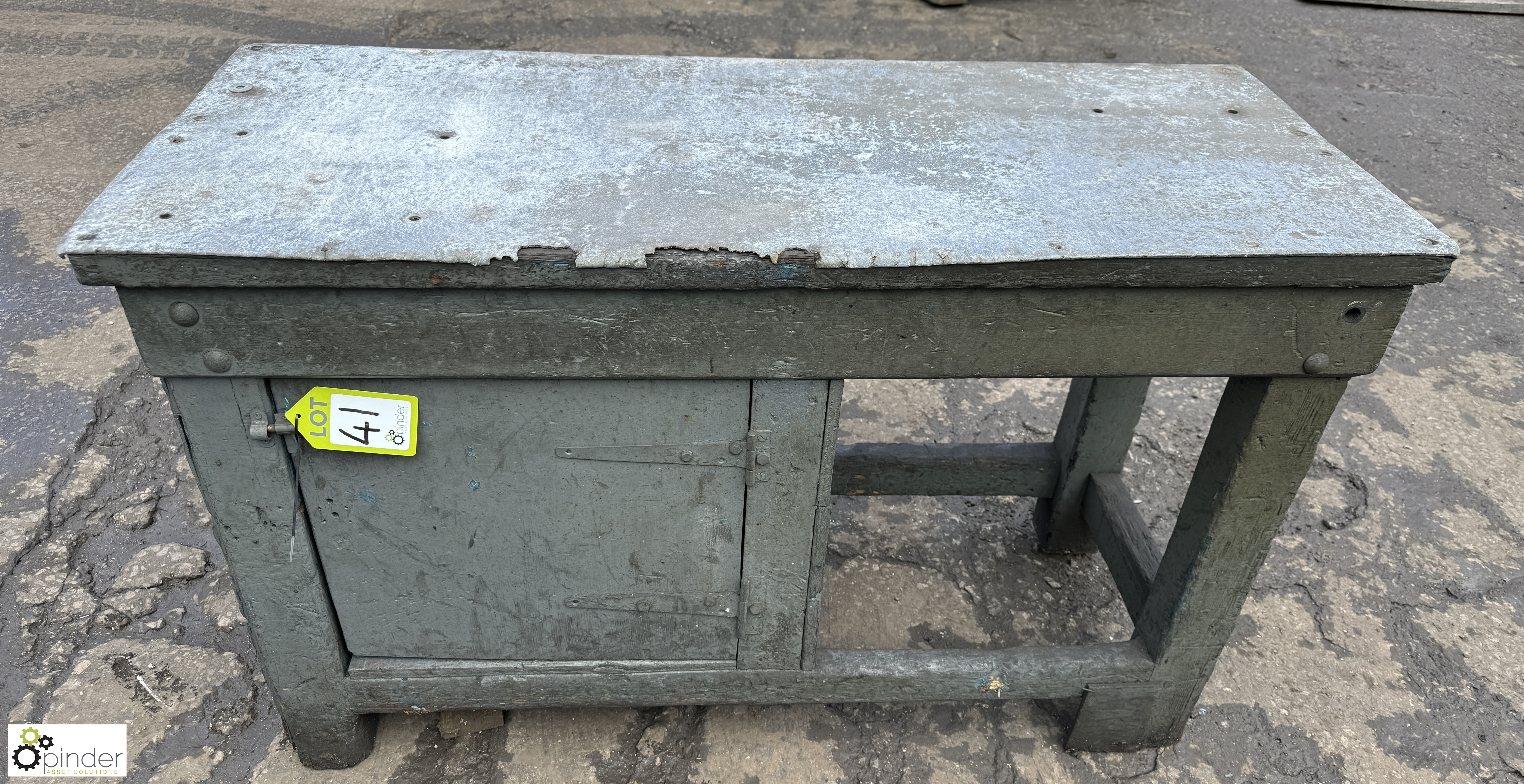 Antique timber Workbench, 1230mm x 490mm x 775mm, with cupboard and zinc top - Image 2 of 8