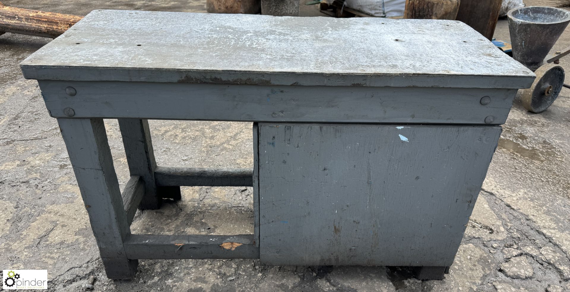 Antique timber Workbench, 1230mm x 490mm x 775mm, with cupboard and zinc top - Image 5 of 8