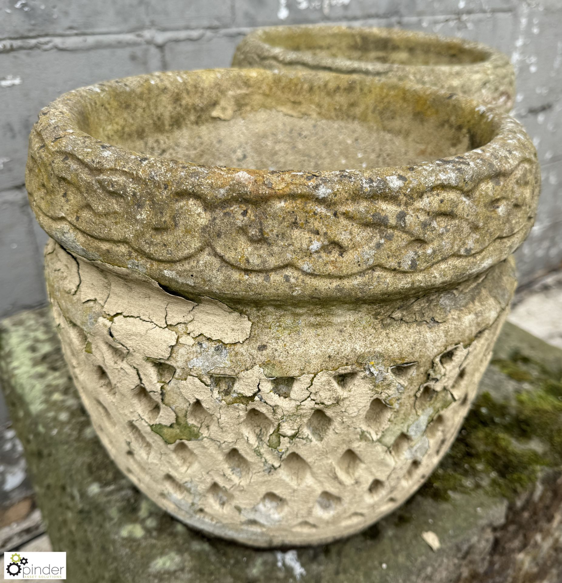 Pair reconstituted stone Urn, 340mm diameter x 300mm, with lattice design - Image 3 of 7