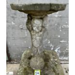 Reconstituted stone Birdbath, cherub holding bird table, 700mm tall