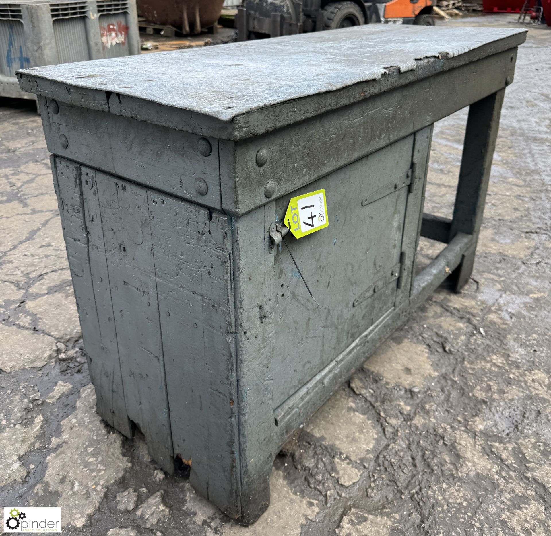 Antique timber Workbench, 1230mm x 490mm x 775mm, with cupboard and zinc top - Image 3 of 8