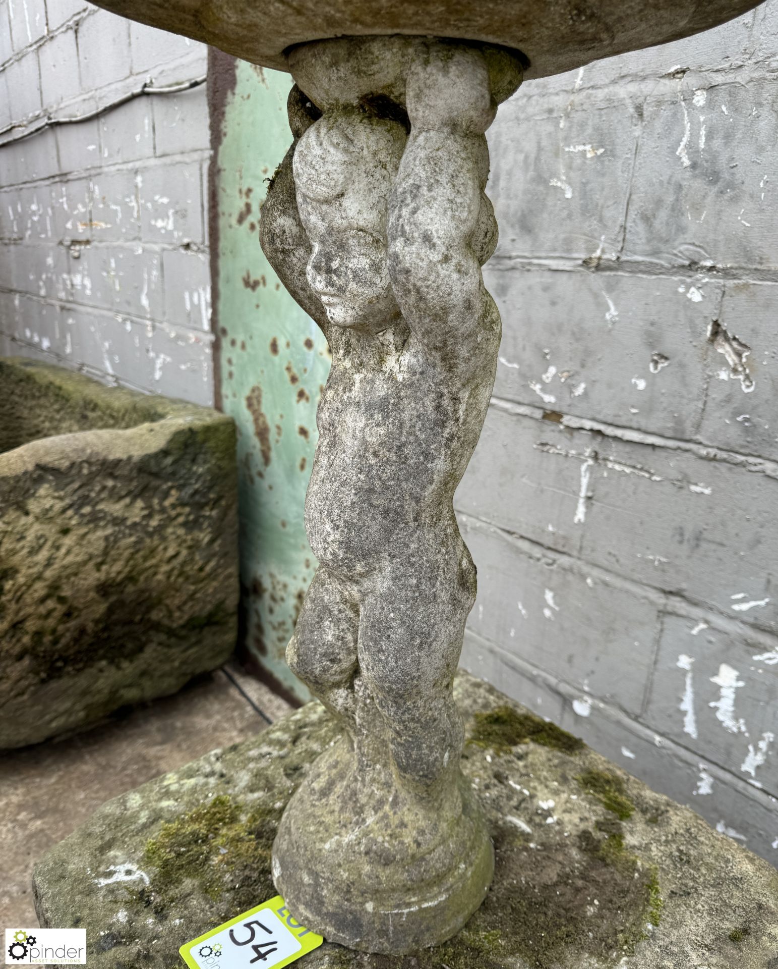 Reconstituted stone Birdbath, cherub holding bird table, 700mm tall - Image 3 of 7