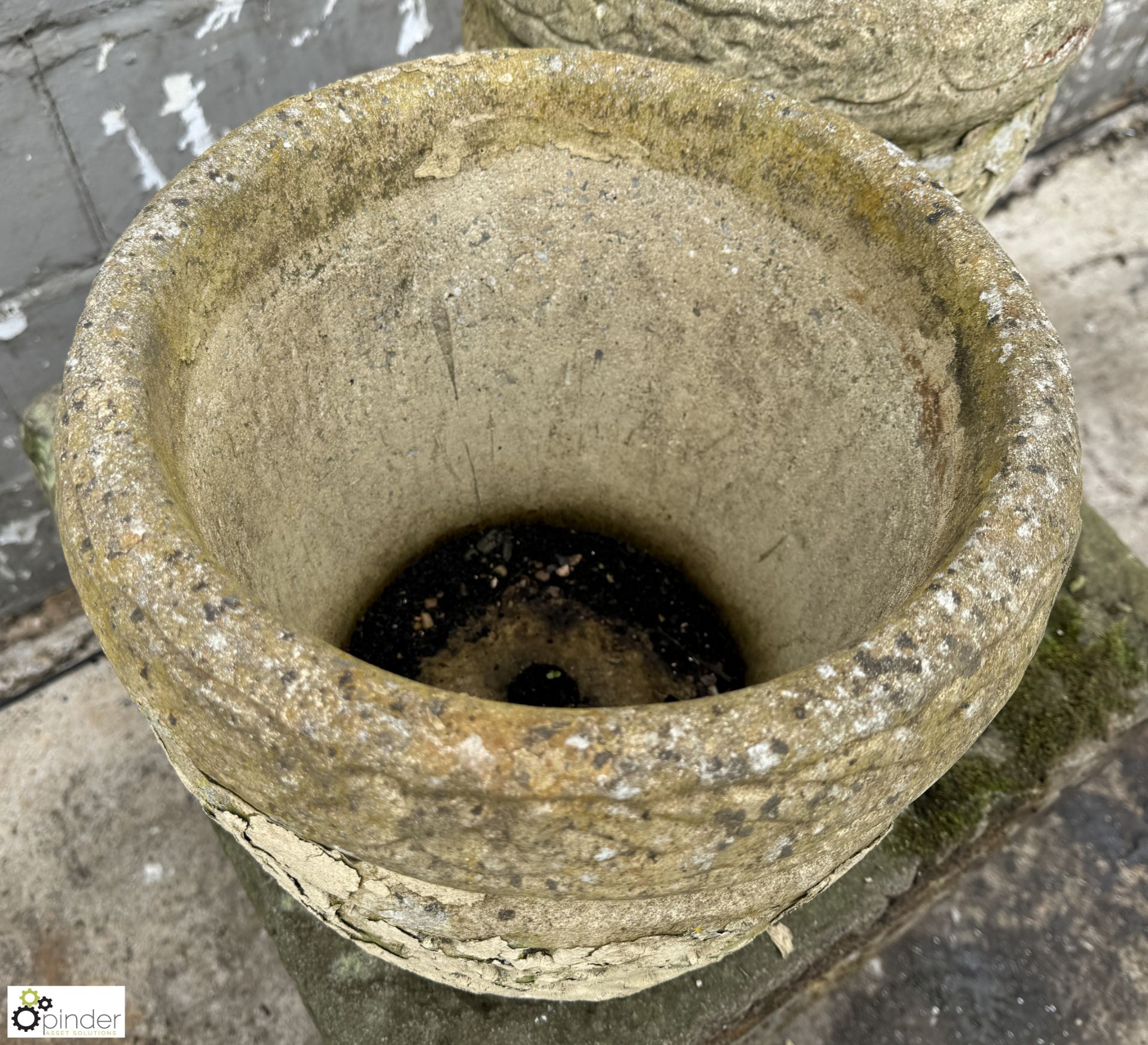 Pair reconstituted stone Urn, 340mm diameter x 300mm, with lattice design - Image 4 of 7