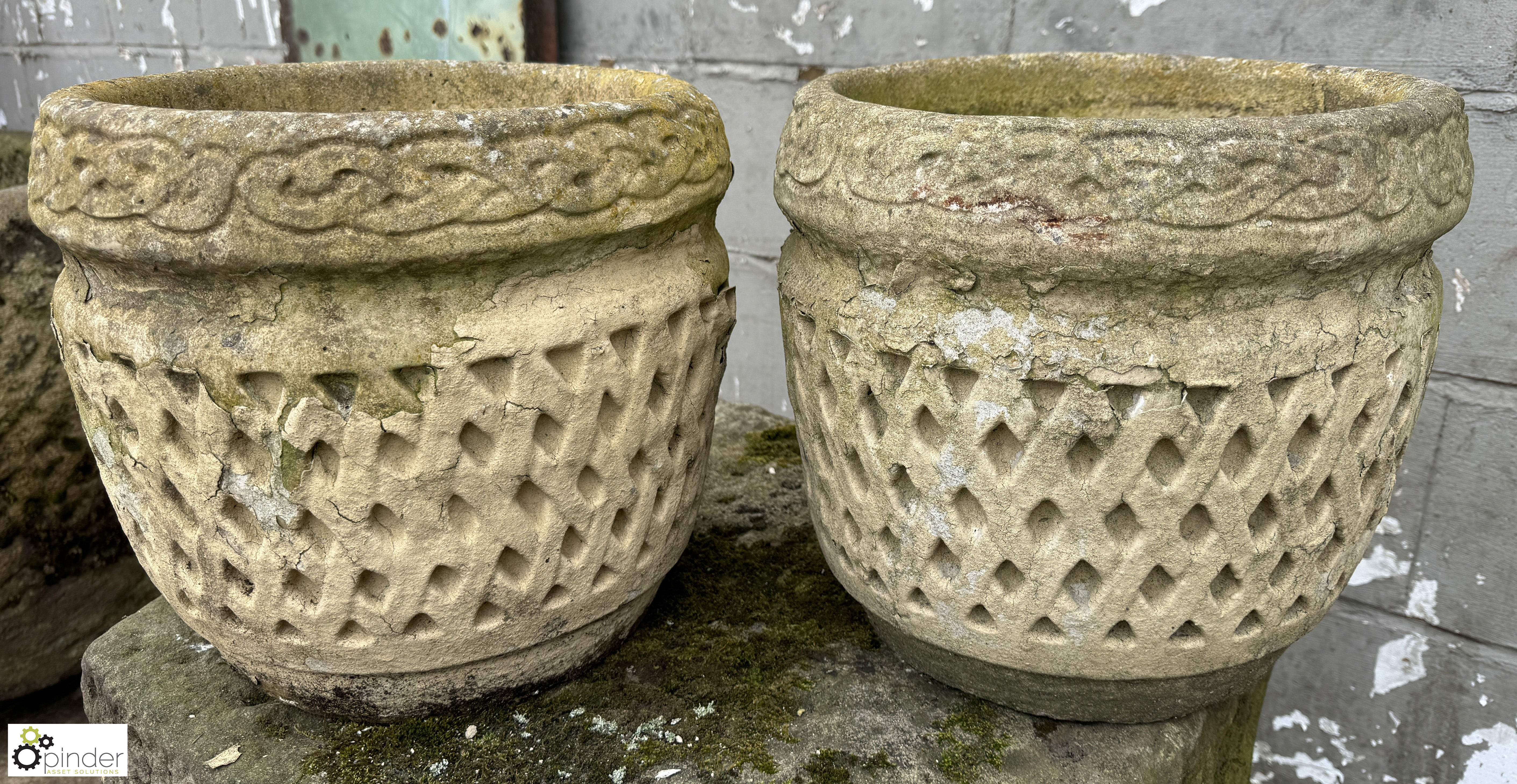 Pair reconstituted stone Urn, 340mm diameter x 300mm, with lattice design