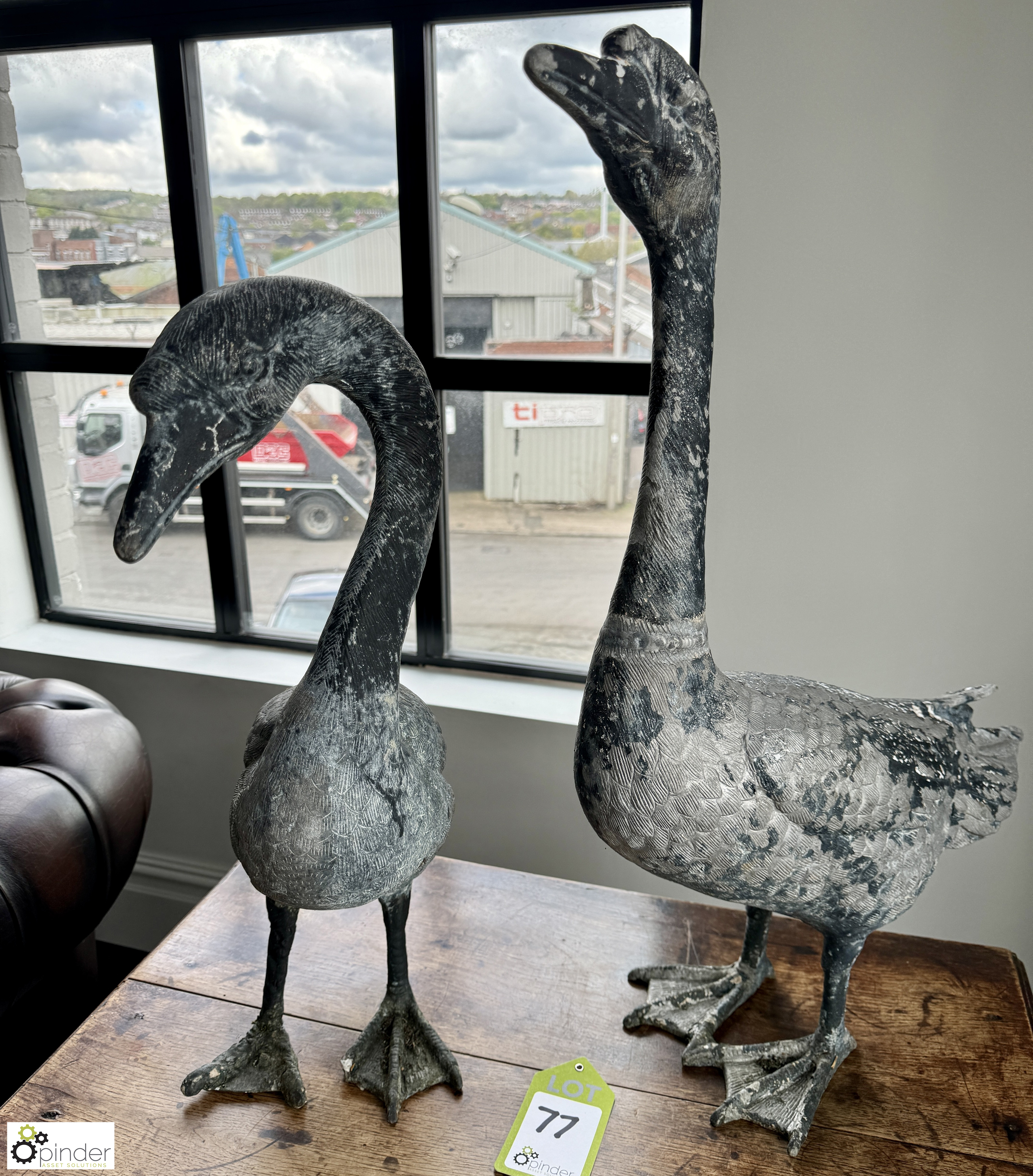 Pair old zinc antique Geese, 710mm and 600mm tall