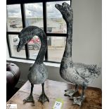 Pair old zinc antique Geese, 710mm and 600mm tall