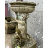 Reconstituted stone Birdbath, with cherub holding birdbath, 900mm high