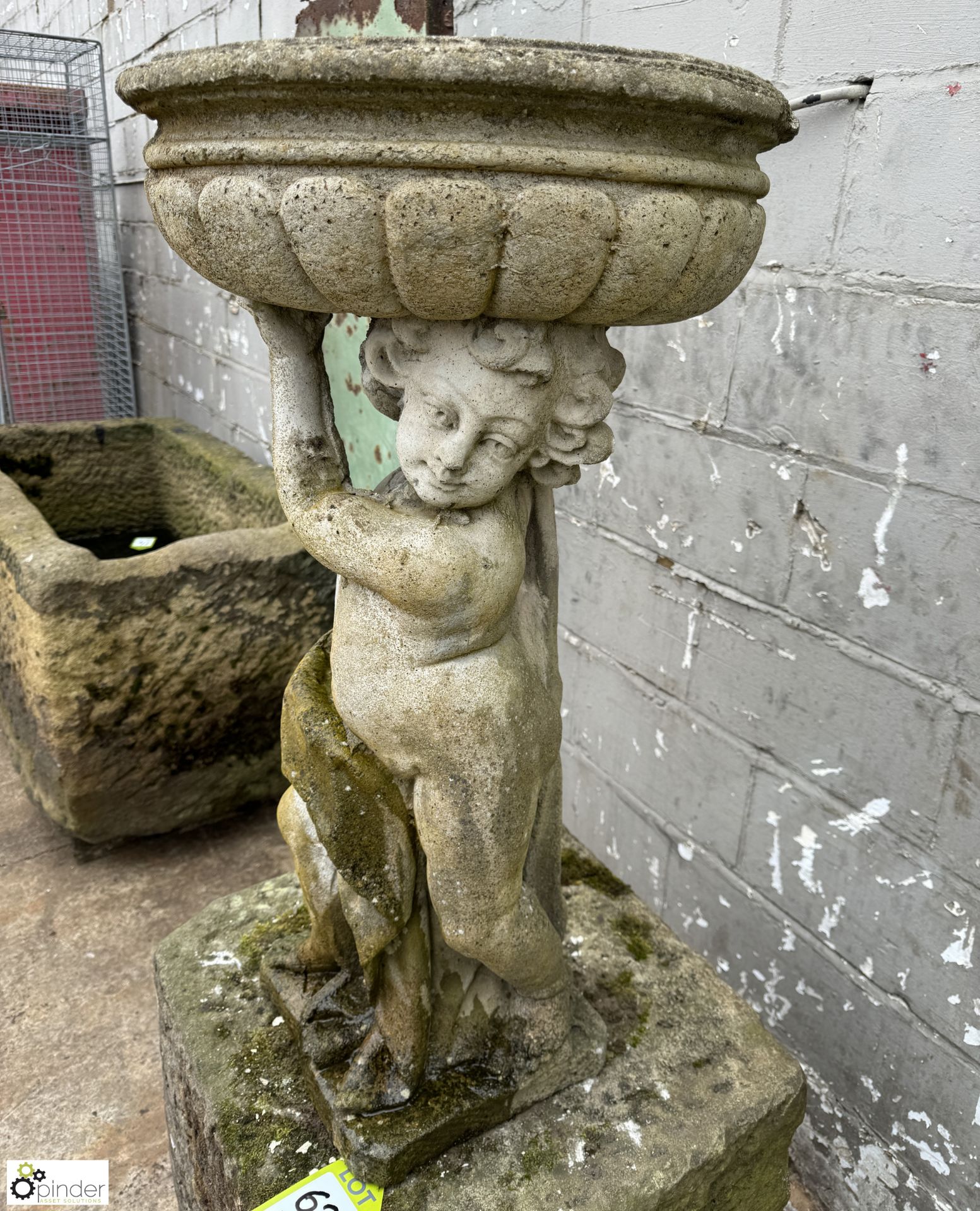 Reconstituted stone Birdbath, with cherub holding birdbath, 900mm high