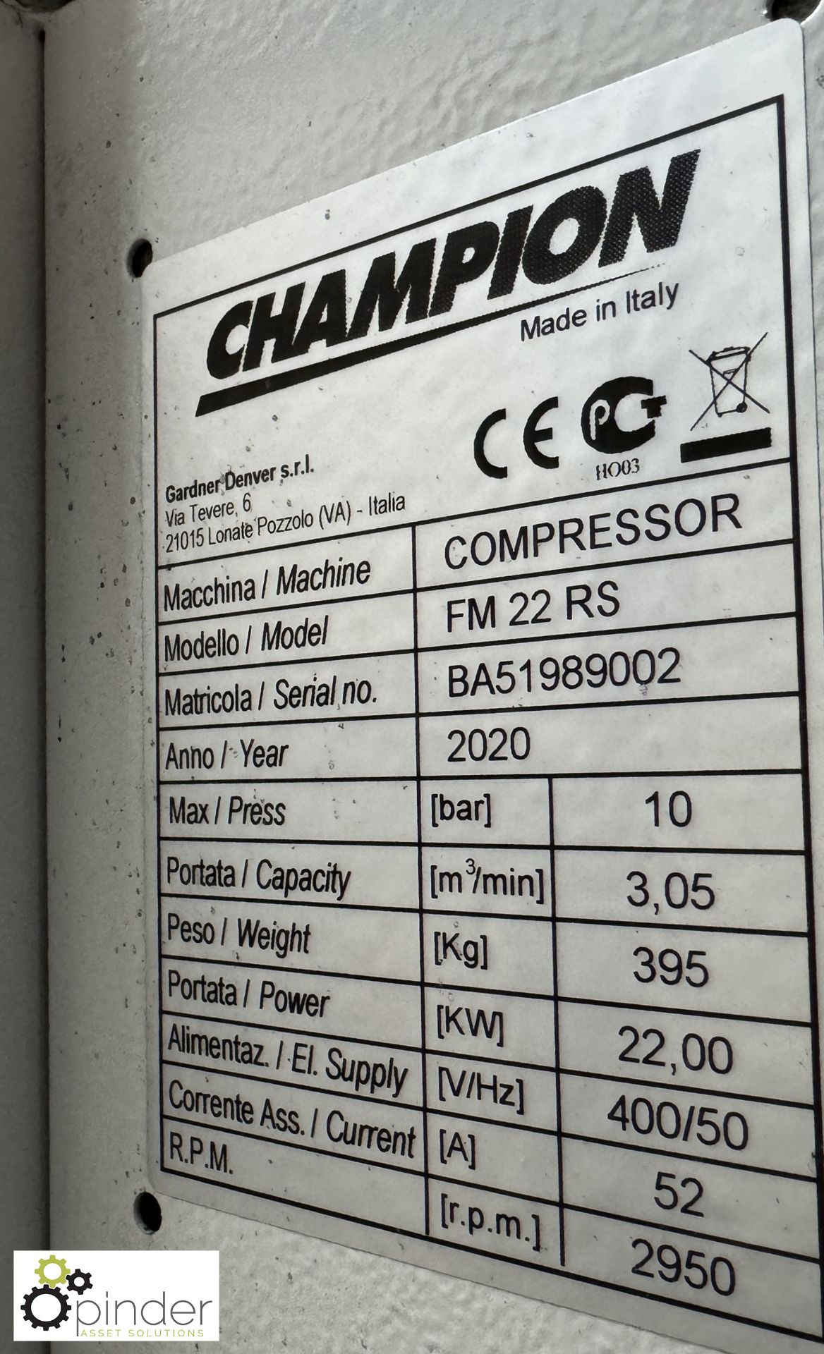 Champion FM22RS receiver mounted Rotary Screw Packaged Air Compressor, max pressure 10bar, 22kw, - Image 6 of 12