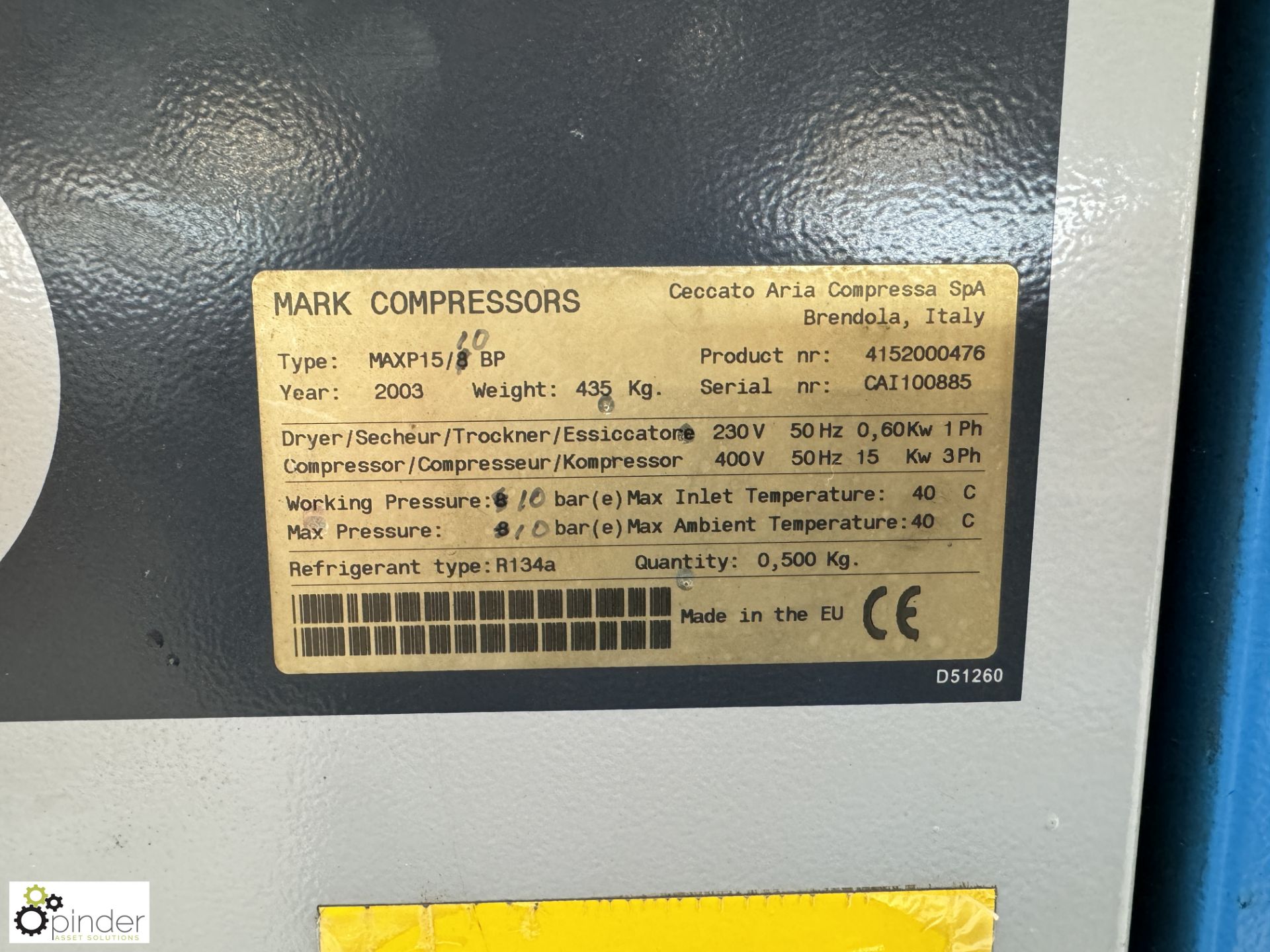 Mark MAXP15/10 receiver mounted Packaged Rotary Screw Compressor, max pressure 10bar, 415volts, - Image 5 of 12