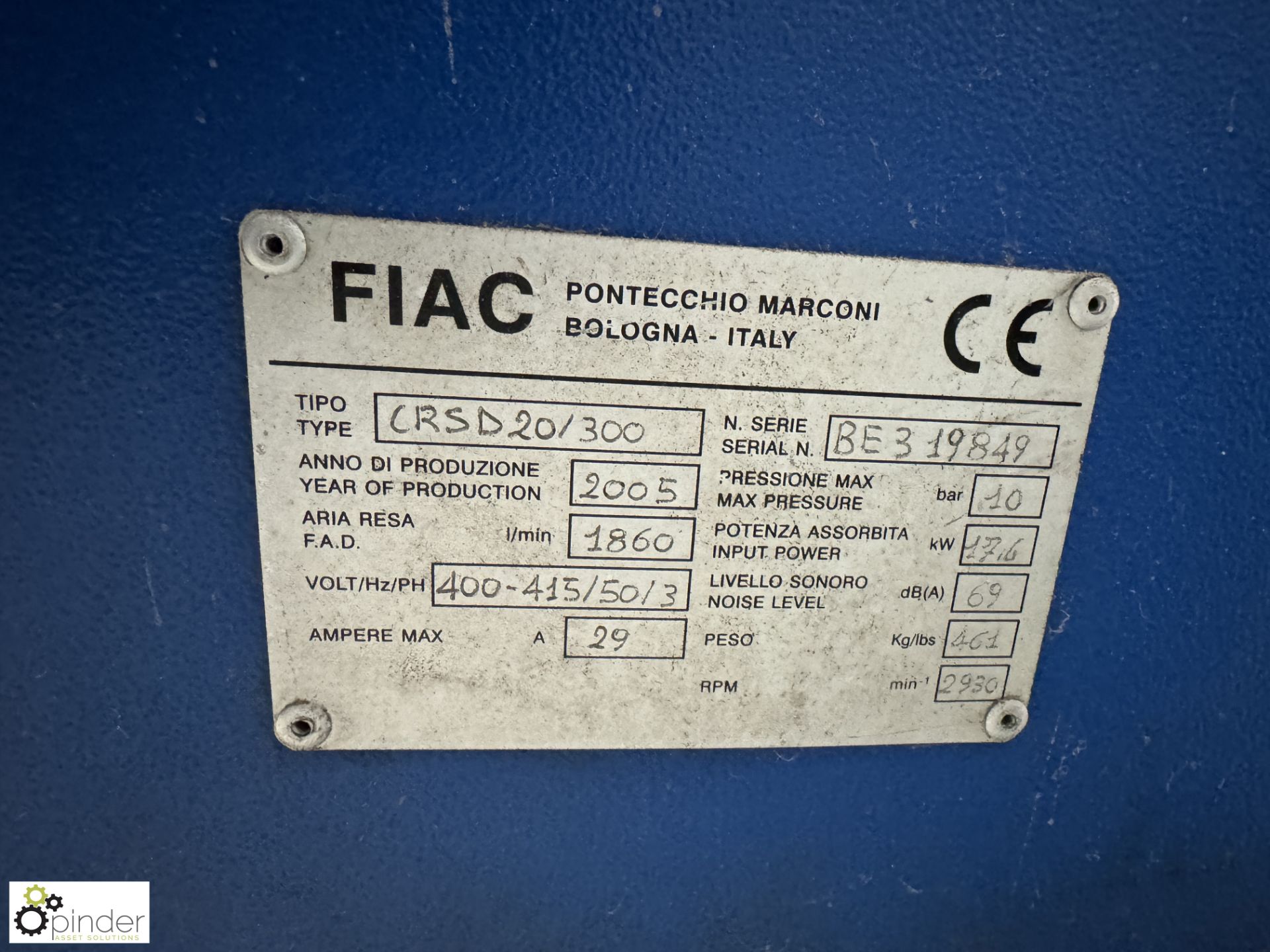 Fiac CRS020/300 receiver mounted Packaged Rotary Screw Air Compressor, max pressure 10bar, 17.6kw, - Image 6 of 8