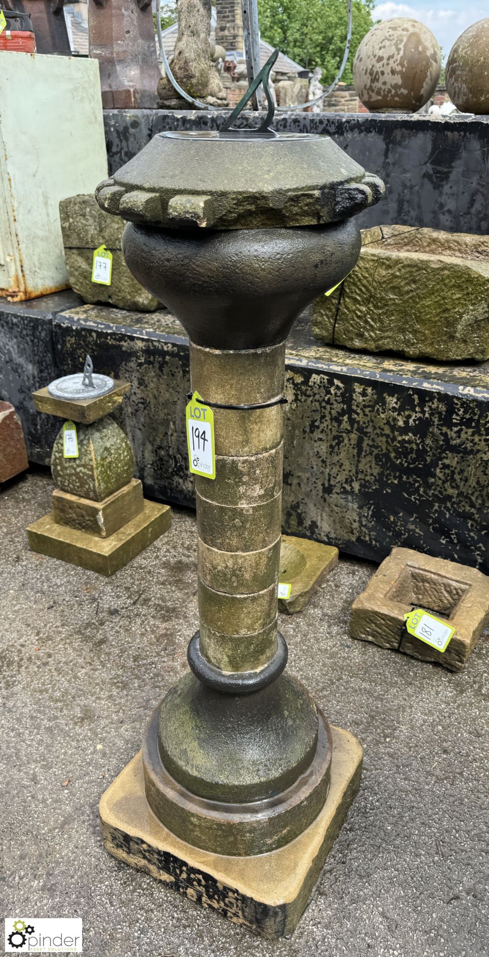 A Yorkshire stone round 5-tier decorative Sundial Plinth, with original Victorian bronze sundial