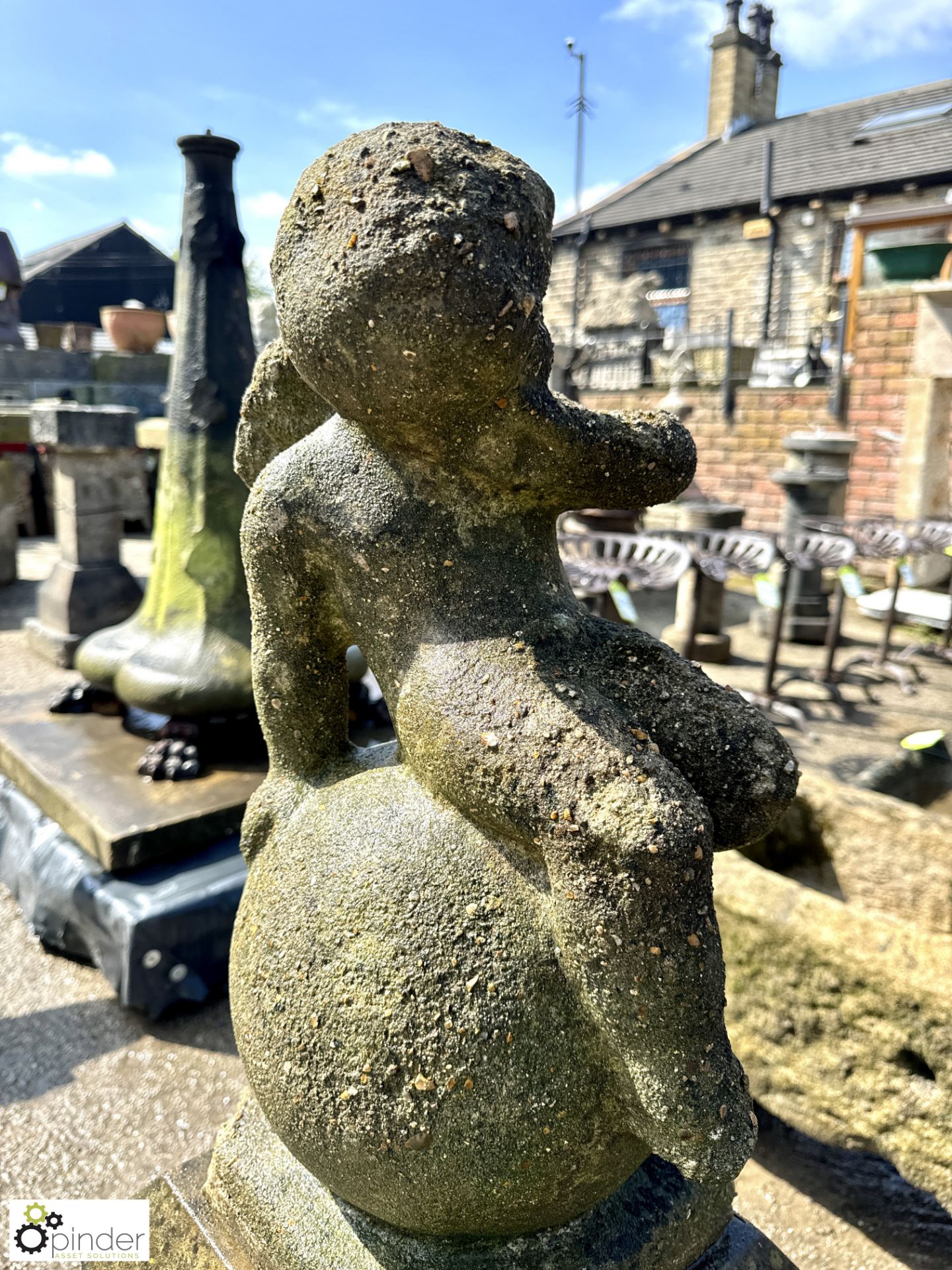 A reclaimed 2-tier Yorkshire stone Garden Plinth, with reconstituted stone cherub statue sitting - Image 2 of 5