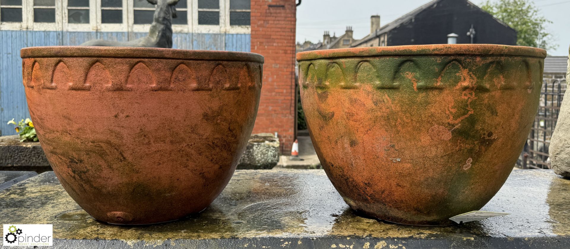 A pair large terracotta Planters, with arrowhead decoration, approx. 12.5in x 19in diameter, circa - Image 2 of 7