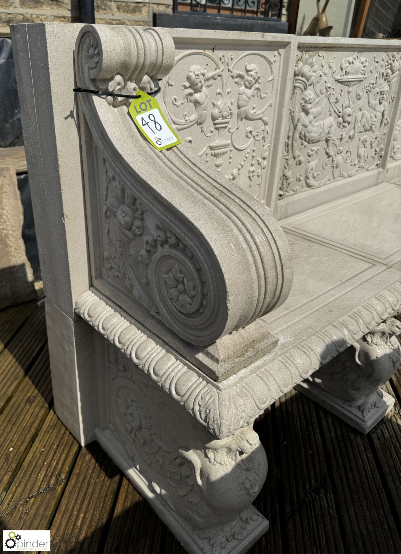 A reconstituted Haddonstone Garden Bench, with classical decoration by Raphael, approx. 40in x 86in - Image 4 of 11