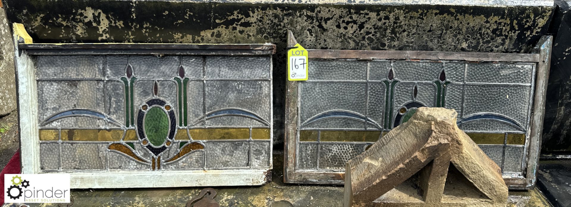 A pair art deco stain glass leaded Windows, approx. 16in x 31in