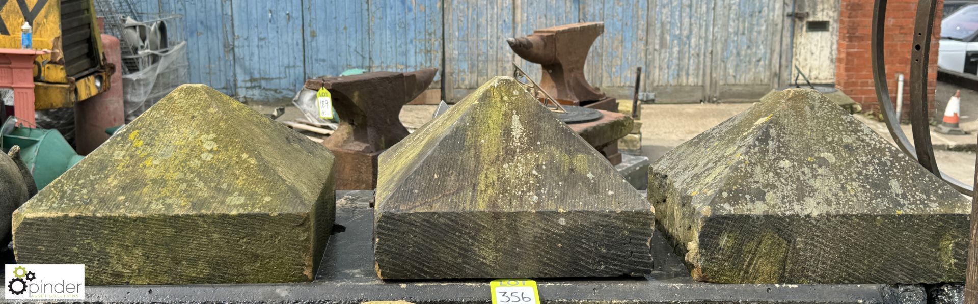 A set 3 Victorian Yorkshire stone triangular top Pier Caps, approx. 10in x 16in x 16in