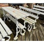 A cast iron and wooden slat Garden Bench and Table, with faux bois and serpent decoration, approx.