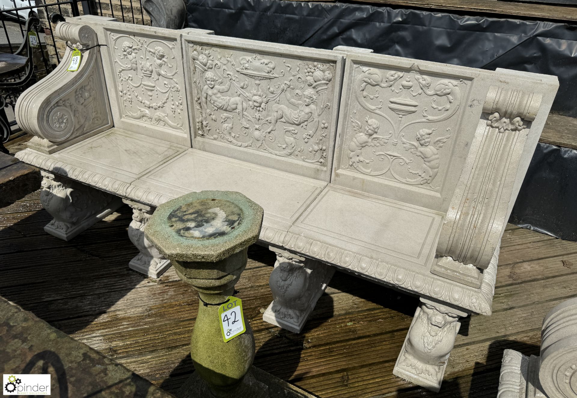A reconstituted Haddonstone Garden Bench, with classical decoration by Raphael, approx. 40in x 86in - Image 2 of 11