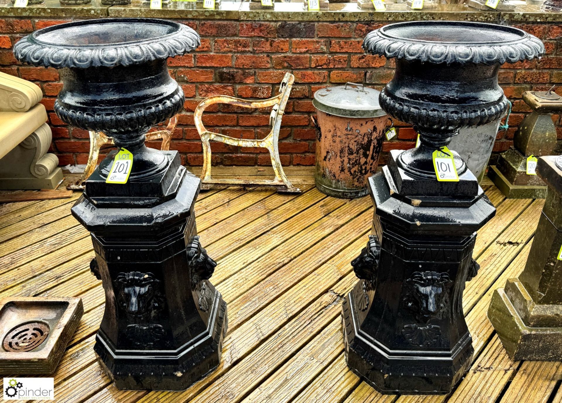 A pair cast iron Garden Urns, with egg and dart gadrooning decoration, on reconstituted stone - Image 2 of 10