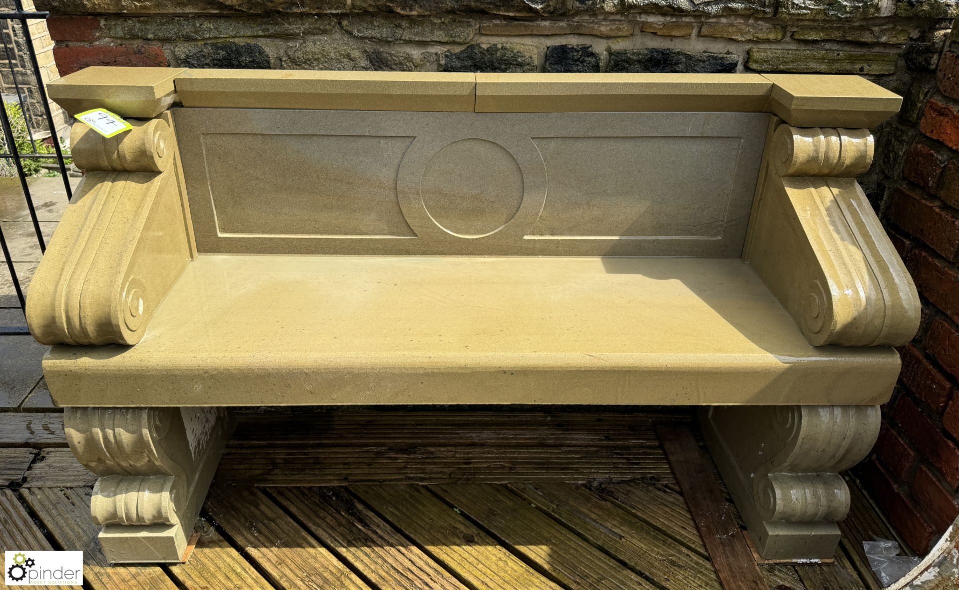 A hand carved Yorkshire stone Bench, with classical scroll design, approx. 35in x 62in (paired