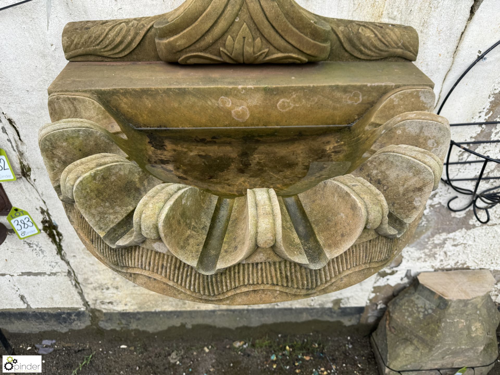 A Wall Fountain comprising reconstituted stone lions head waterspout, mounted above a sandstone clam - Image 9 of 13