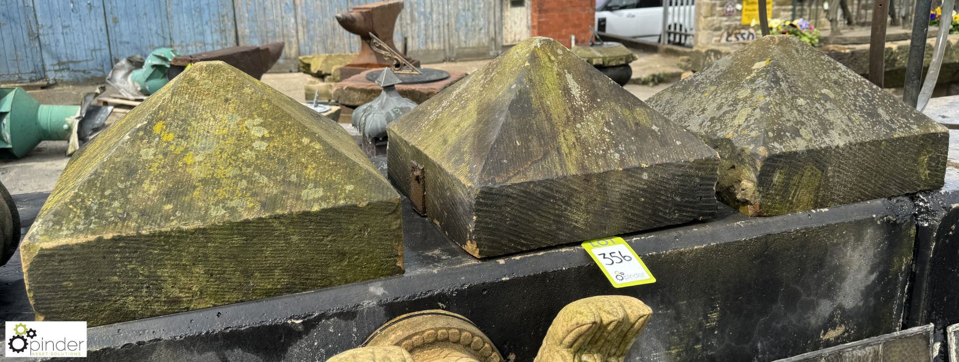 A set 3 Victorian Yorkshire stone triangular top Pier Caps, approx. 10in x 16in x 16in - Image 2 of 10