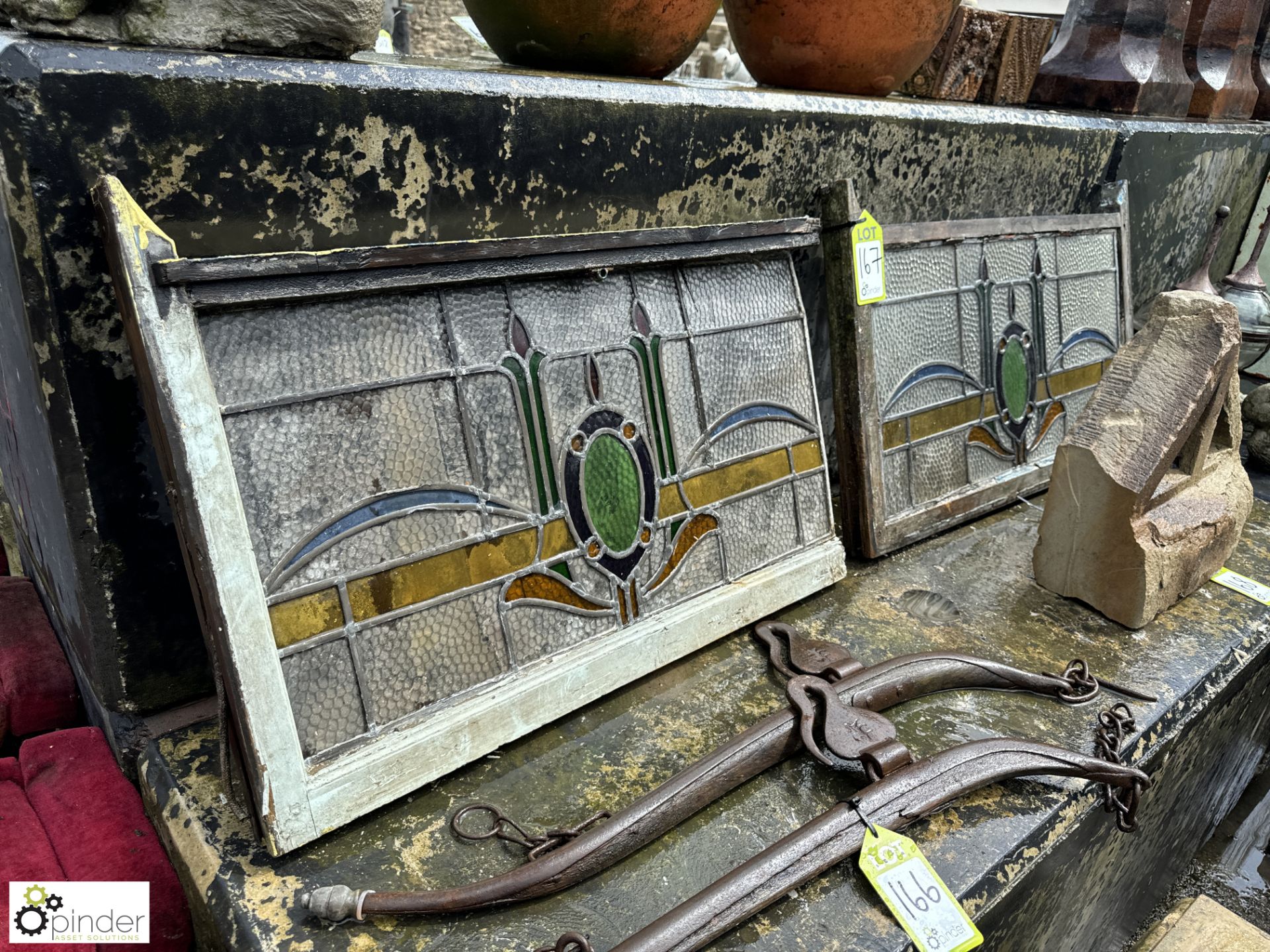 A pair art deco stain glass leaded Windows, approx. 16in x 31in - Image 2 of 5