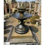 A Victorian cast iron Base and Fountain Bowl, on 2-tier Yorkshire stone plinth, with a carved