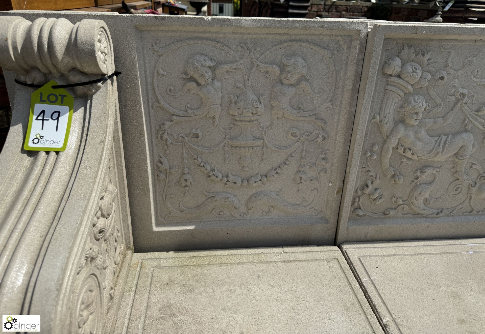 A reconstituted Haddonstone Garden Bench, with classical decoration by Raphael, approx. 40in x 86in - Image 6 of 15