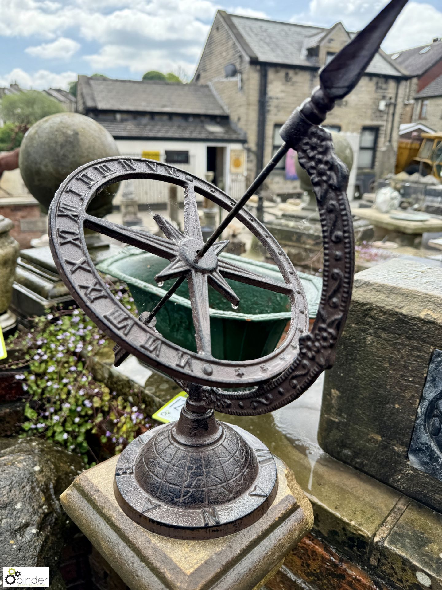 A Yorkshire stone balustrade Armillary Plinth, with cast iron armillary, marked “North, East, South, - Image 4 of 7