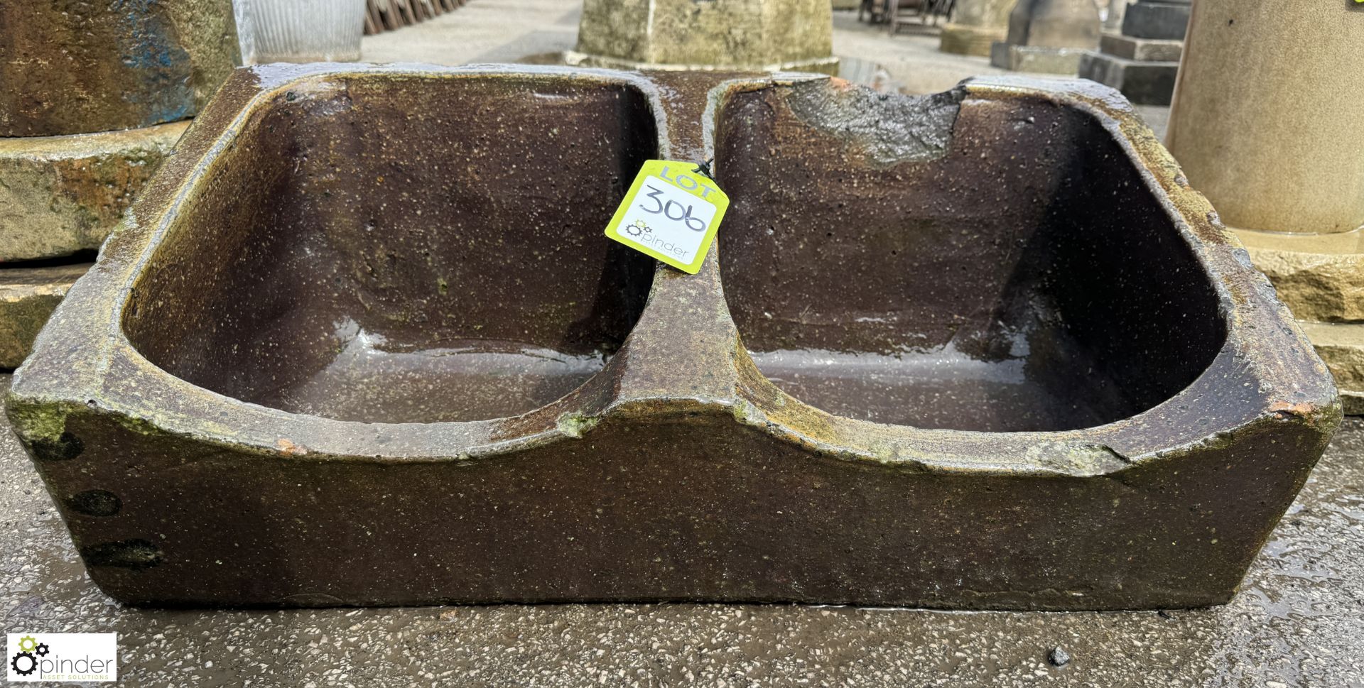 A Victorian salt glazed twin compartment Pig Trough, approx. 12in x 30in x 20in diameter