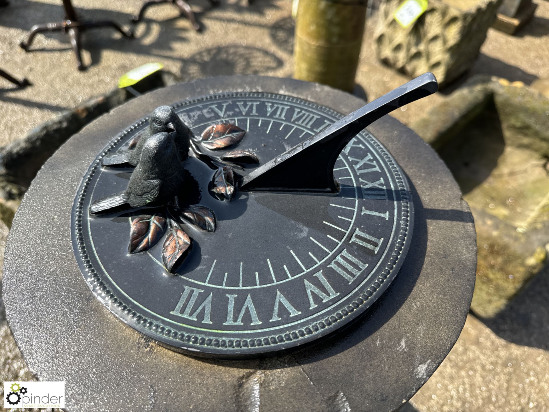 A round 5-tier reclaimed Yorkshire stone Sundial Plinth, with flower decoration, sundial plate - Image 3 of 7