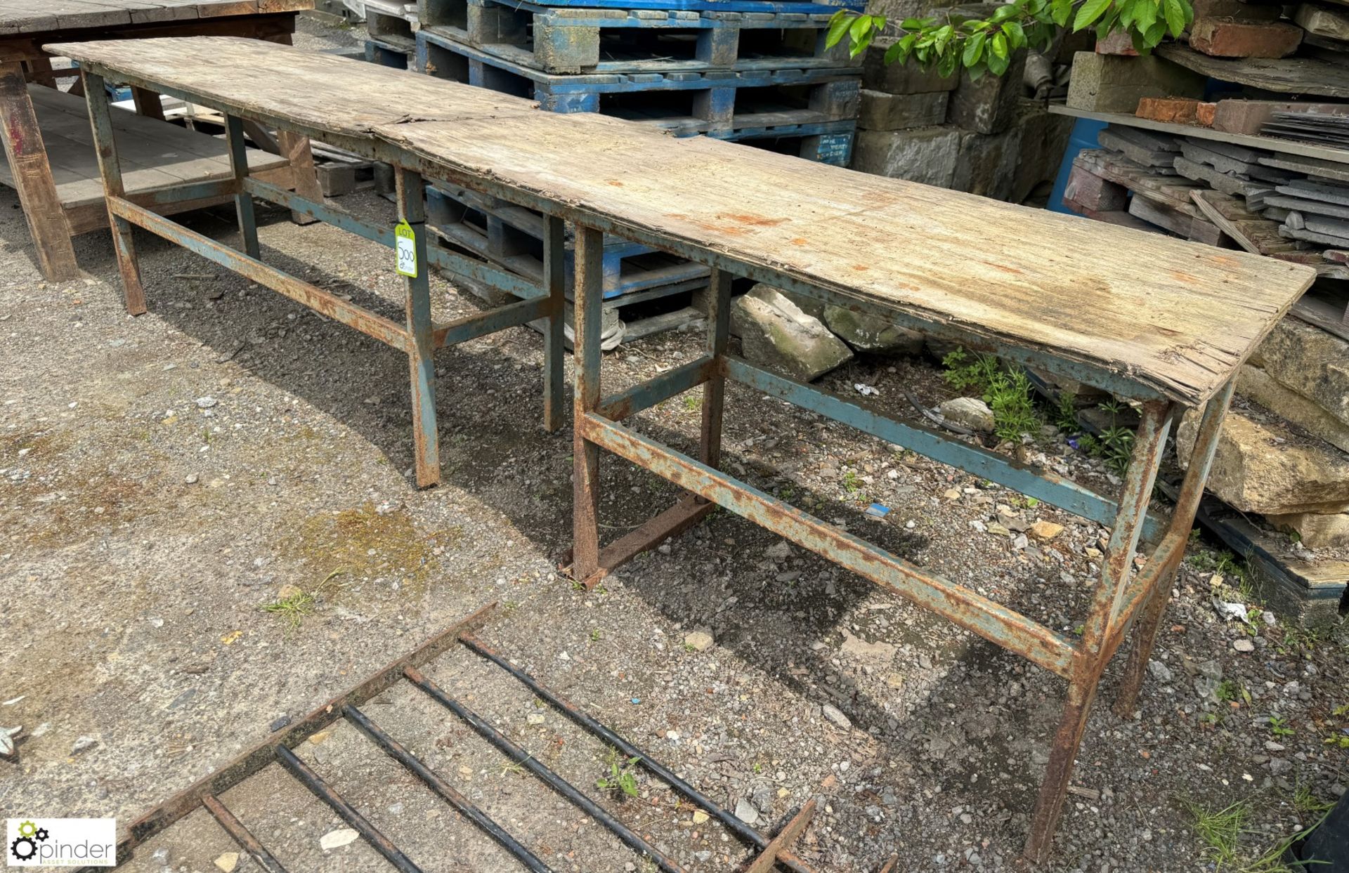 A reclaimed metal and wooden Workbench, approx. 34in x 24in x 126in - Image 2 of 6