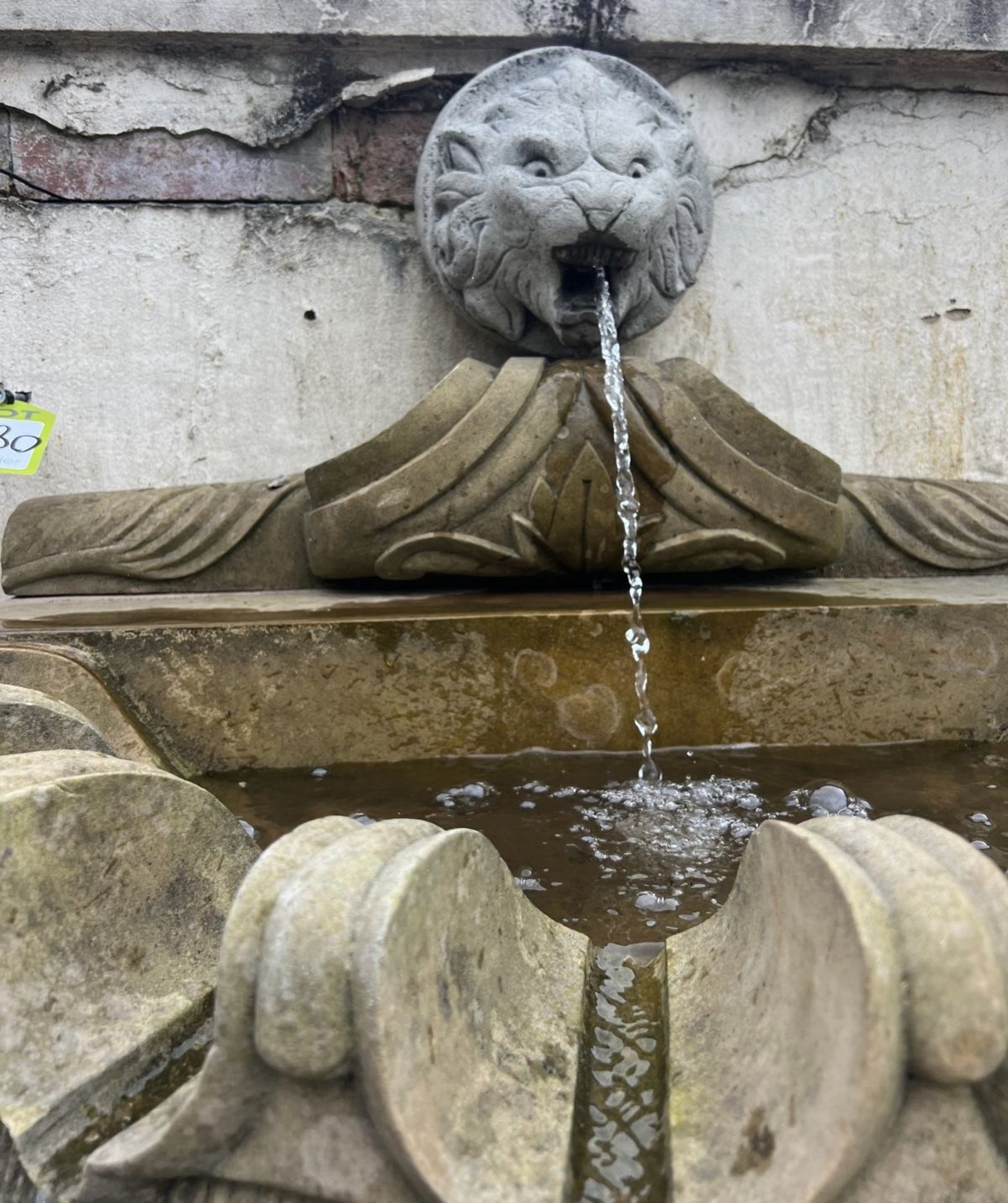 A Wall Fountain comprising reconstituted stone lions head waterspout, mounted above a sandstone clam - Image 2 of 13