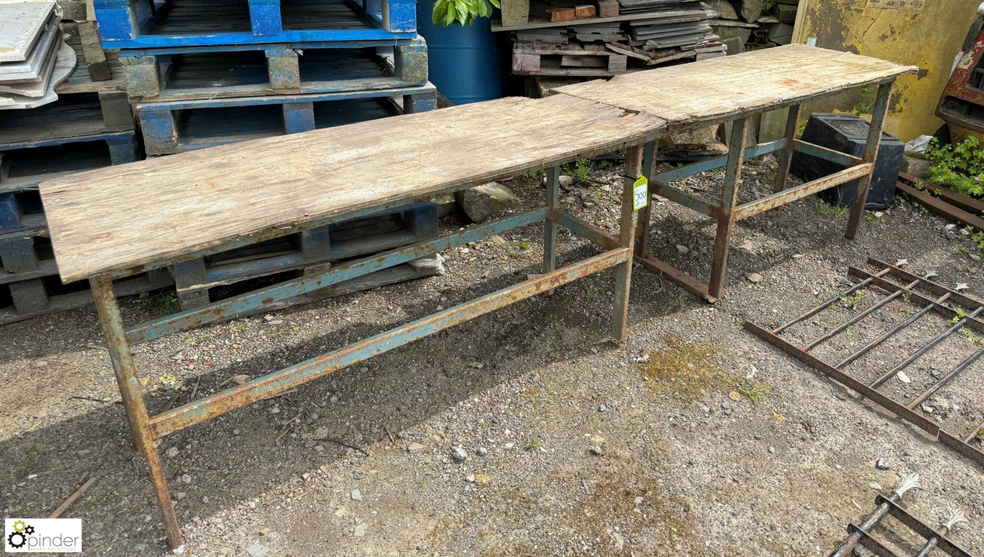 A reclaimed metal and wooden Workbench, approx. 34in x 24in x 126in - Image 5 of 6