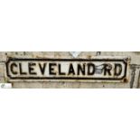 A Victorian cast iron Road Sign “Cleveland Road”, approx. 7in x 32in