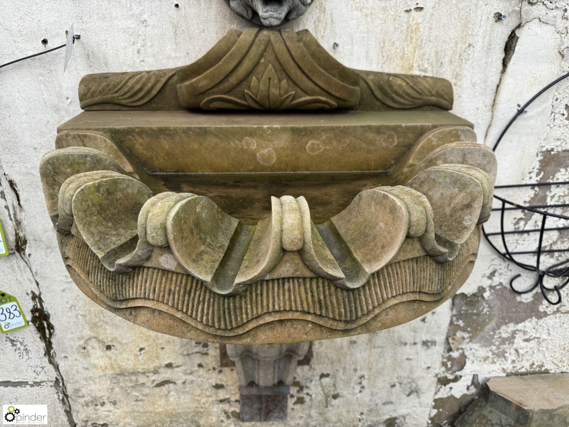 A Wall Fountain comprising reconstituted stone lions head waterspout, mounted above a sandstone clam - Image 8 of 13