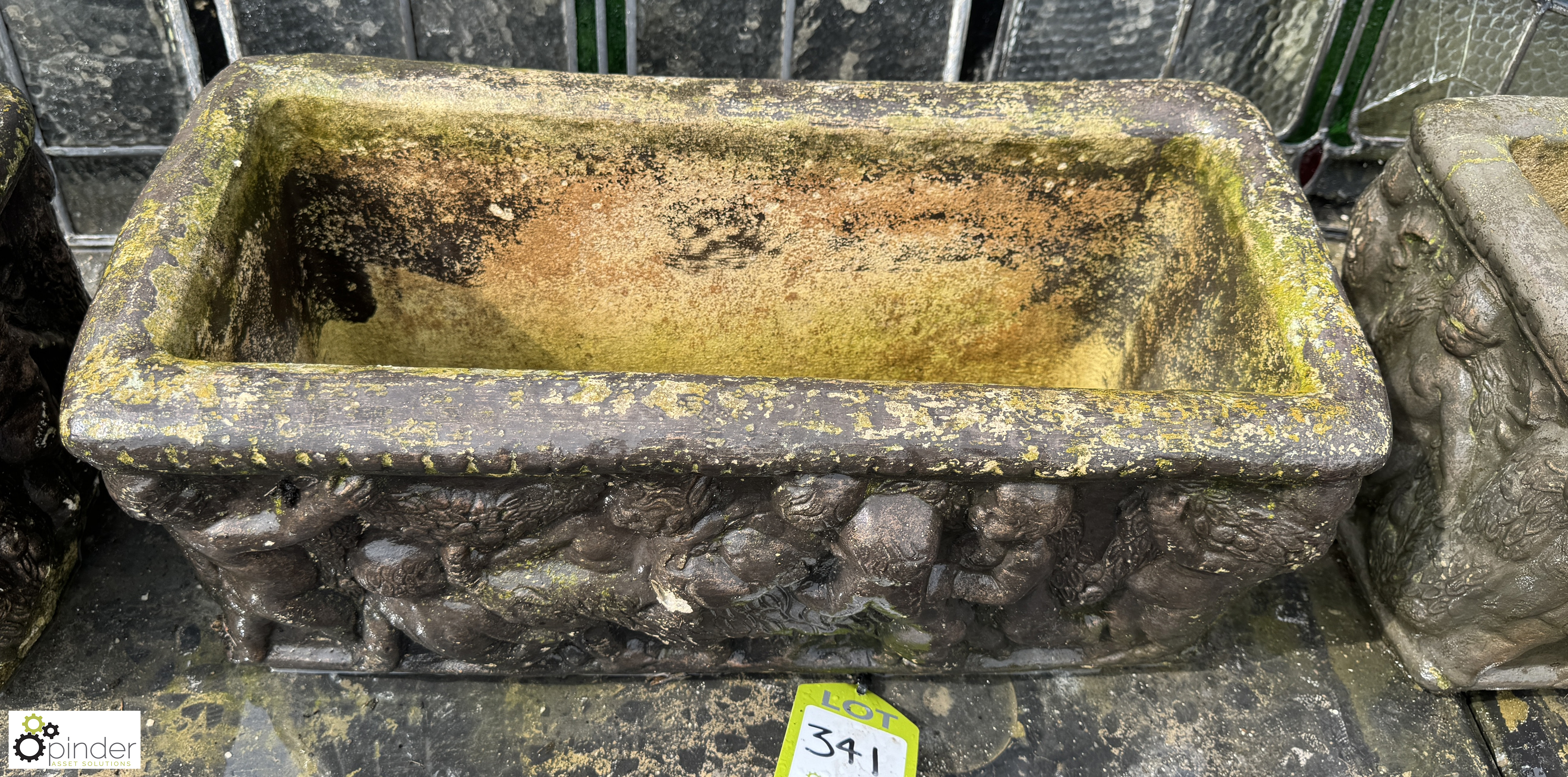 A set 3 reconstituted stone Planters, with classical design depicting 3 cherubs playing, approx. 9in - Image 5 of 10