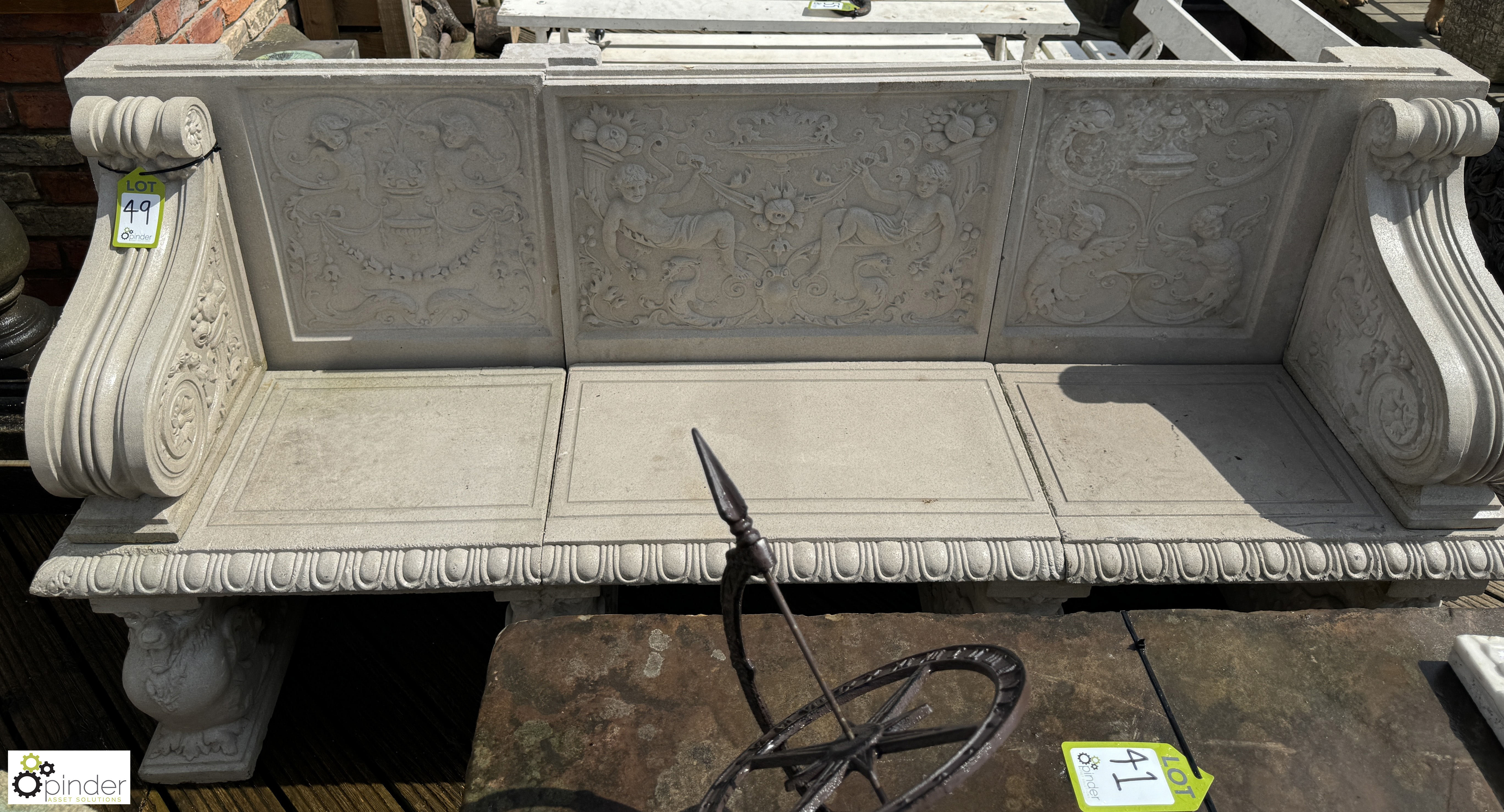 A reconstituted Haddonstone Garden Bench, with classical decoration by Raphael, approx. 40in x 86in - Image 2 of 15