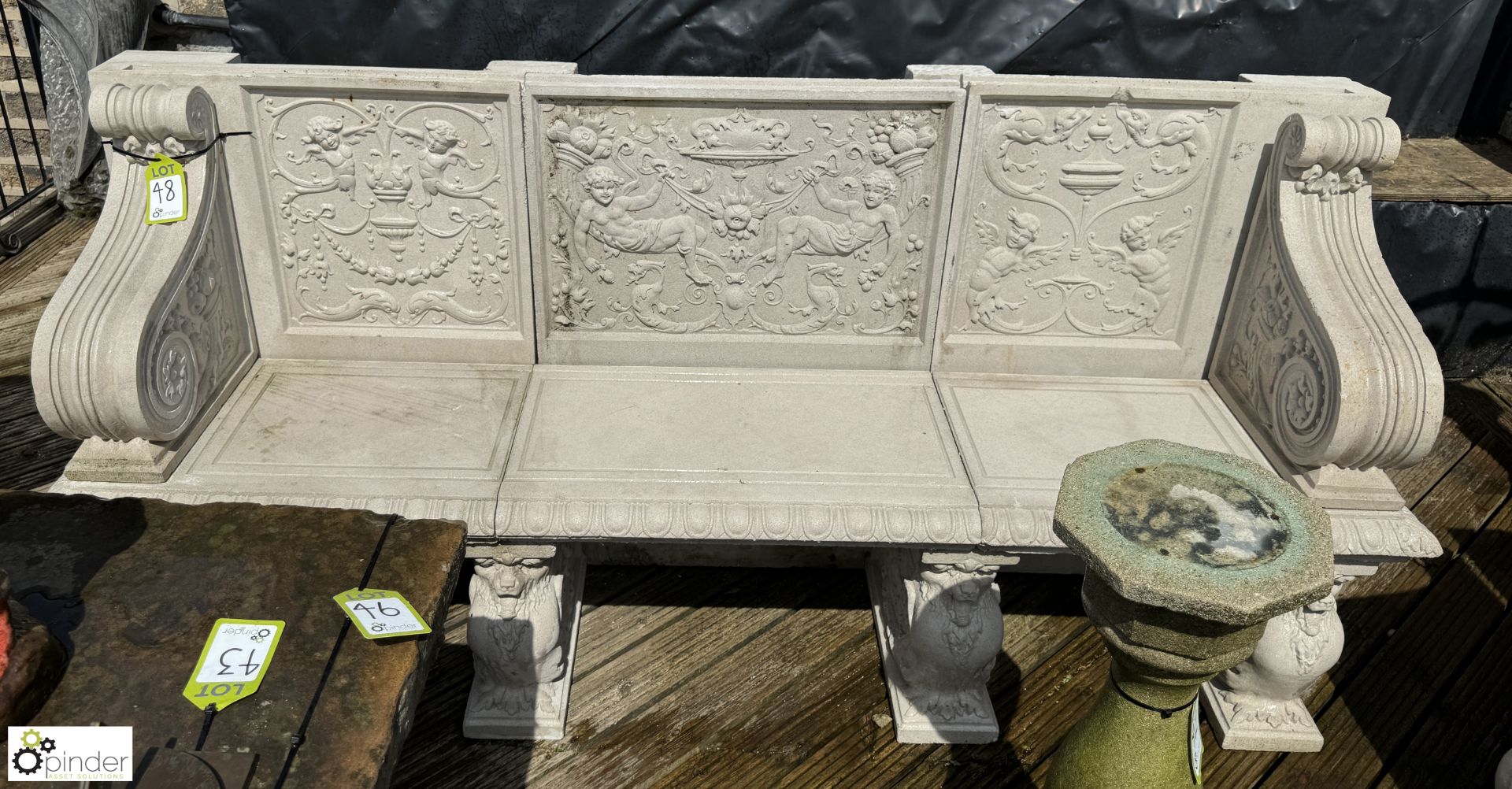 A reconstituted Haddonstone Garden Bench, with classical decoration by Raphael, approx. 40in x 86in - Image 3 of 11