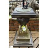 A square Yorkshire stone balustrade Sundial Plinth, with cast iron sundial plate, with decorative