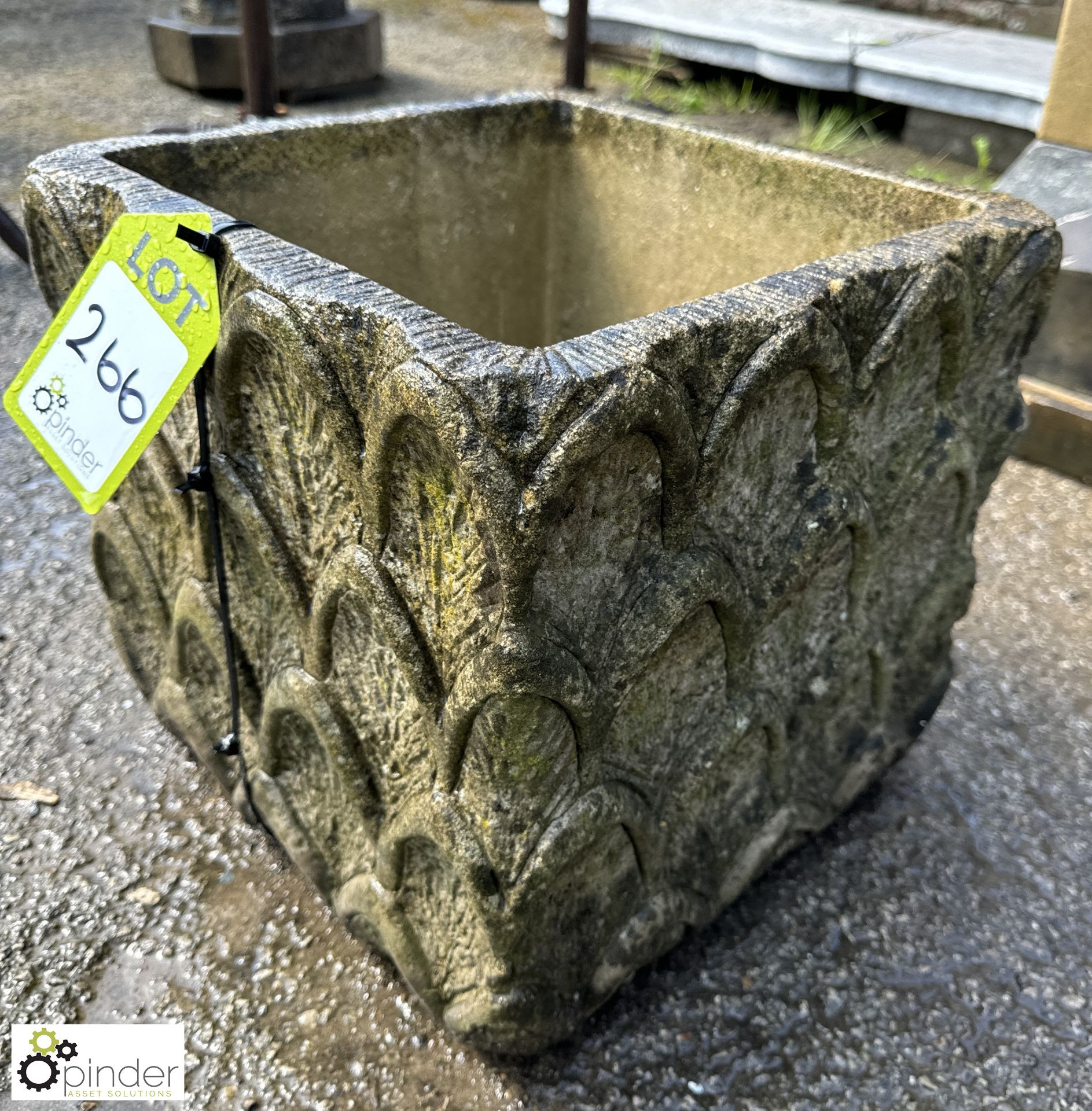 A square reconstituted stone Planter, with leaf decoration, maker’s mark “Cotstone”, approx. 12in