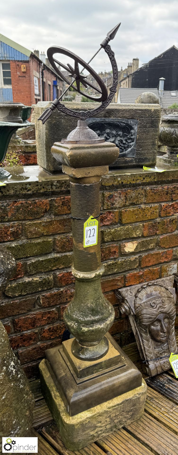 A Yorkshire stone balustrade Armillary Plinth, with cast iron armillary, marked “North, East, South, - Image 2 of 7