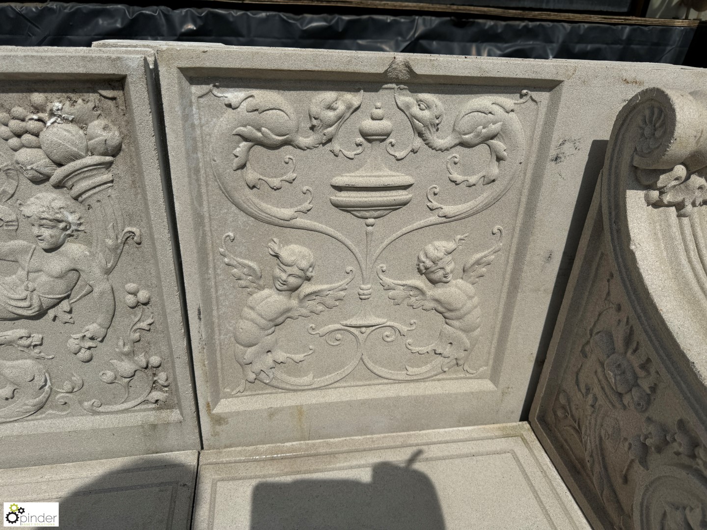 A reconstituted Haddonstone Garden Bench, with classical decoration by Raphael, approx. 40in x 86in - Image 8 of 11