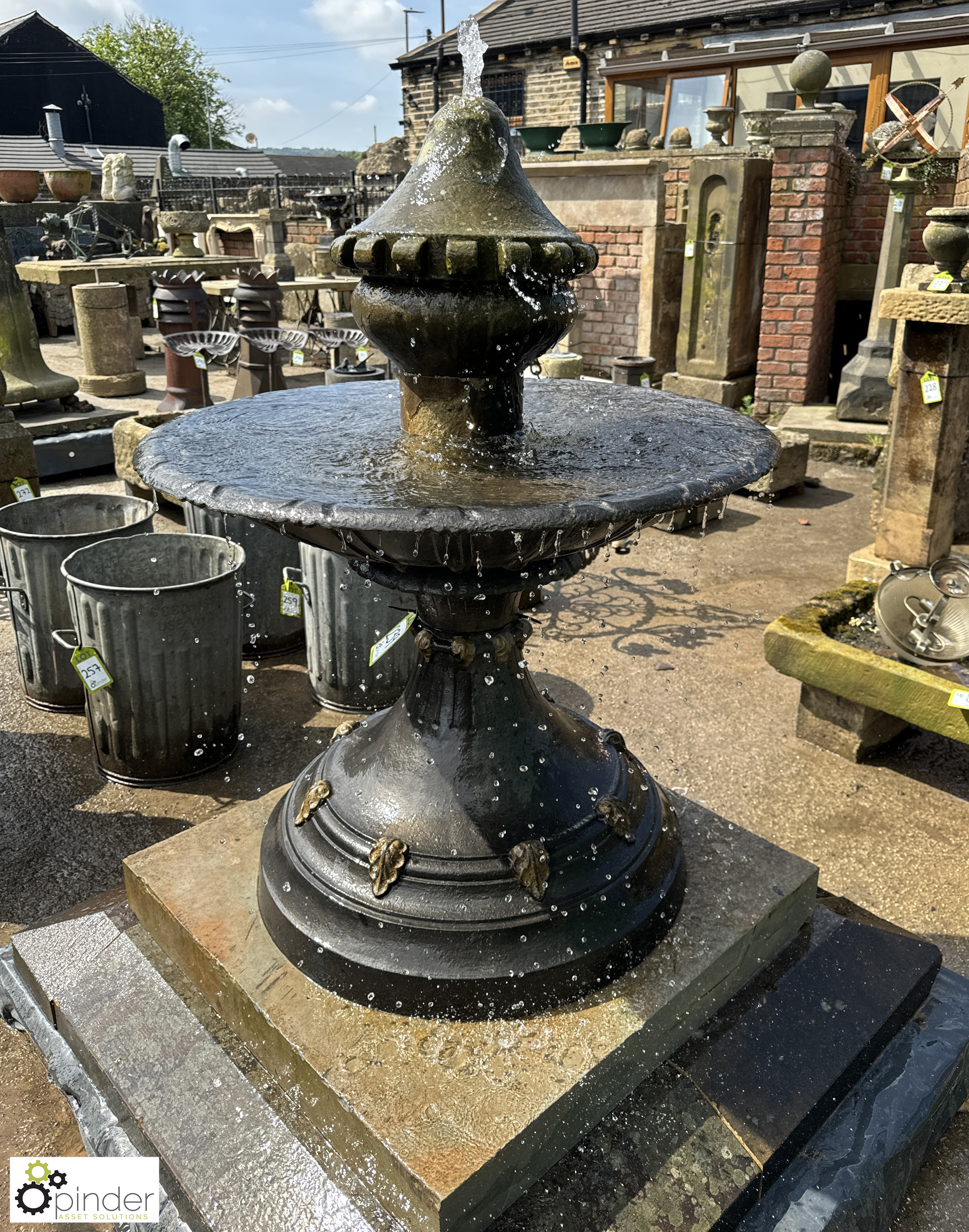 A Victorian cast iron Base and Fountain Bowl, on 2-tier Yorkshire stone plinth, with a carved - Image 4 of 7