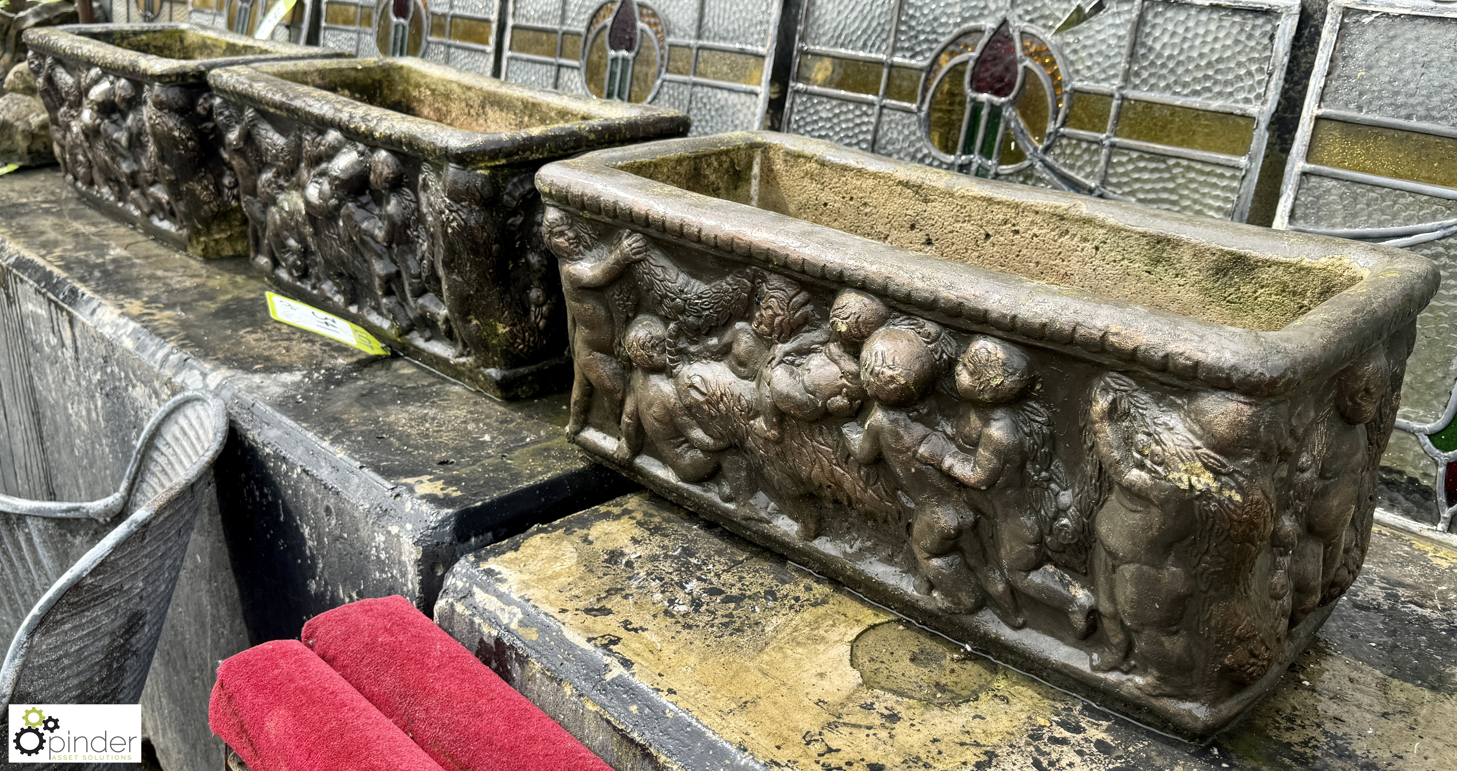 A set 3 reconstituted stone Planters, with classical design depicting 3 cherubs playing, approx. 9in - Image 8 of 10