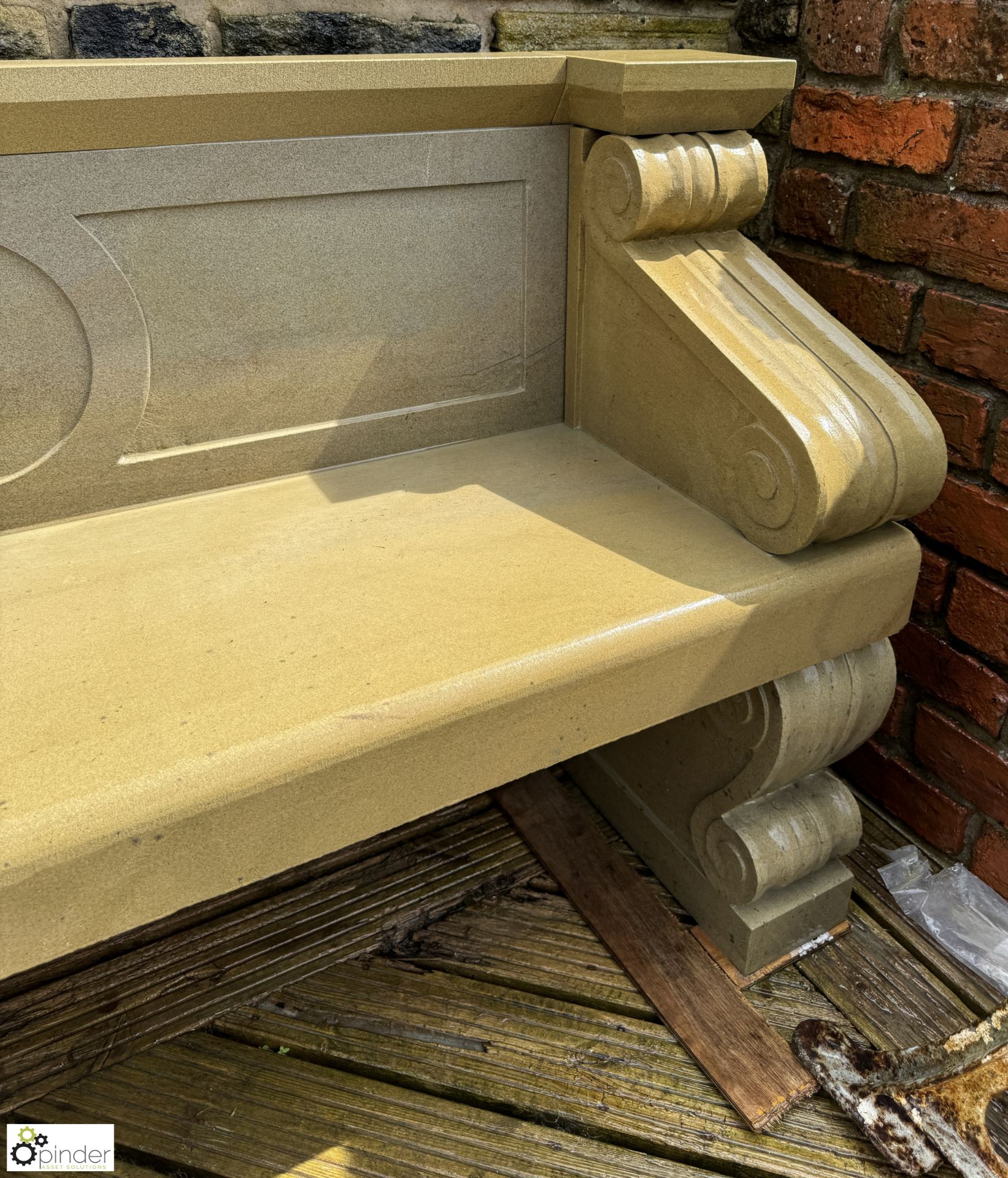 A hand carved Yorkshire stone Bench, with classical scroll design, approx. 35in x 62in (paired - Image 4 of 7