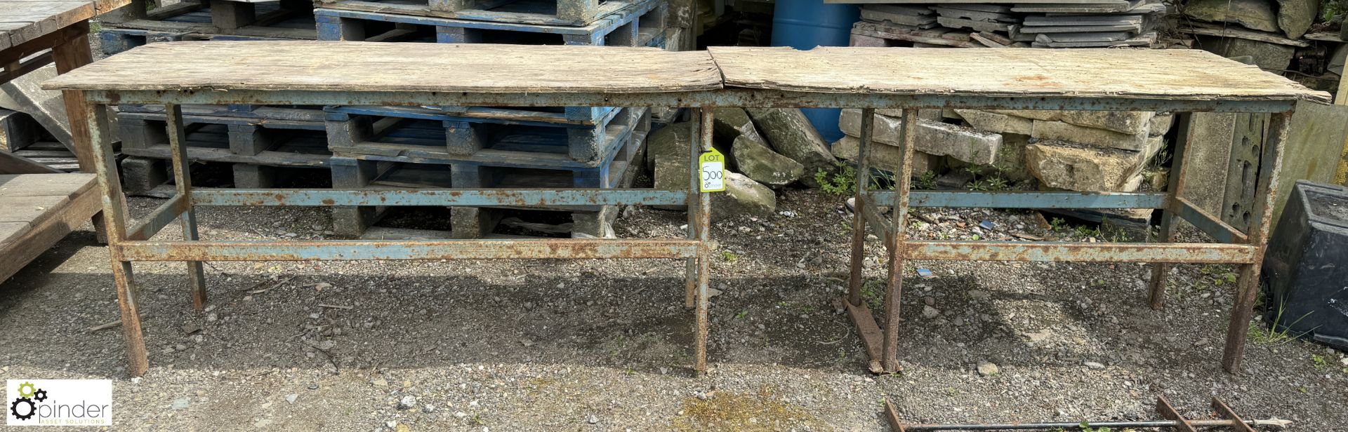 A reclaimed metal and wooden Workbench, approx. 34in x 24in x 126in