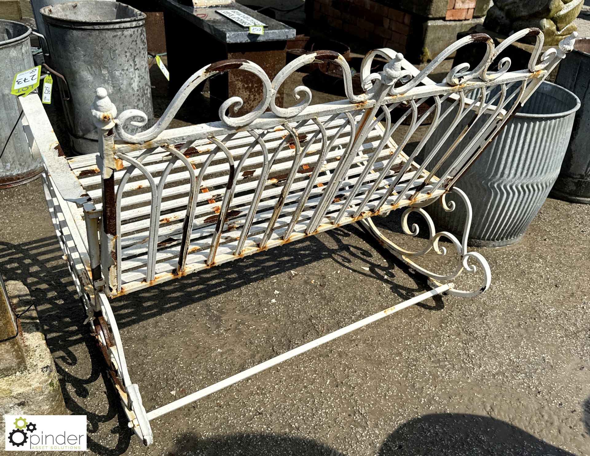 A shabby chic twin seater wrought iron Rocking Garden Bench, approx. 35in x 43in, circa late 1900s - Image 4 of 5
